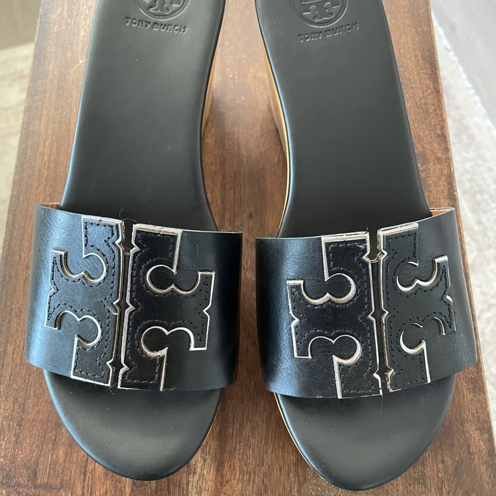 Tory Burch Black and Silver Ines Platform Slide